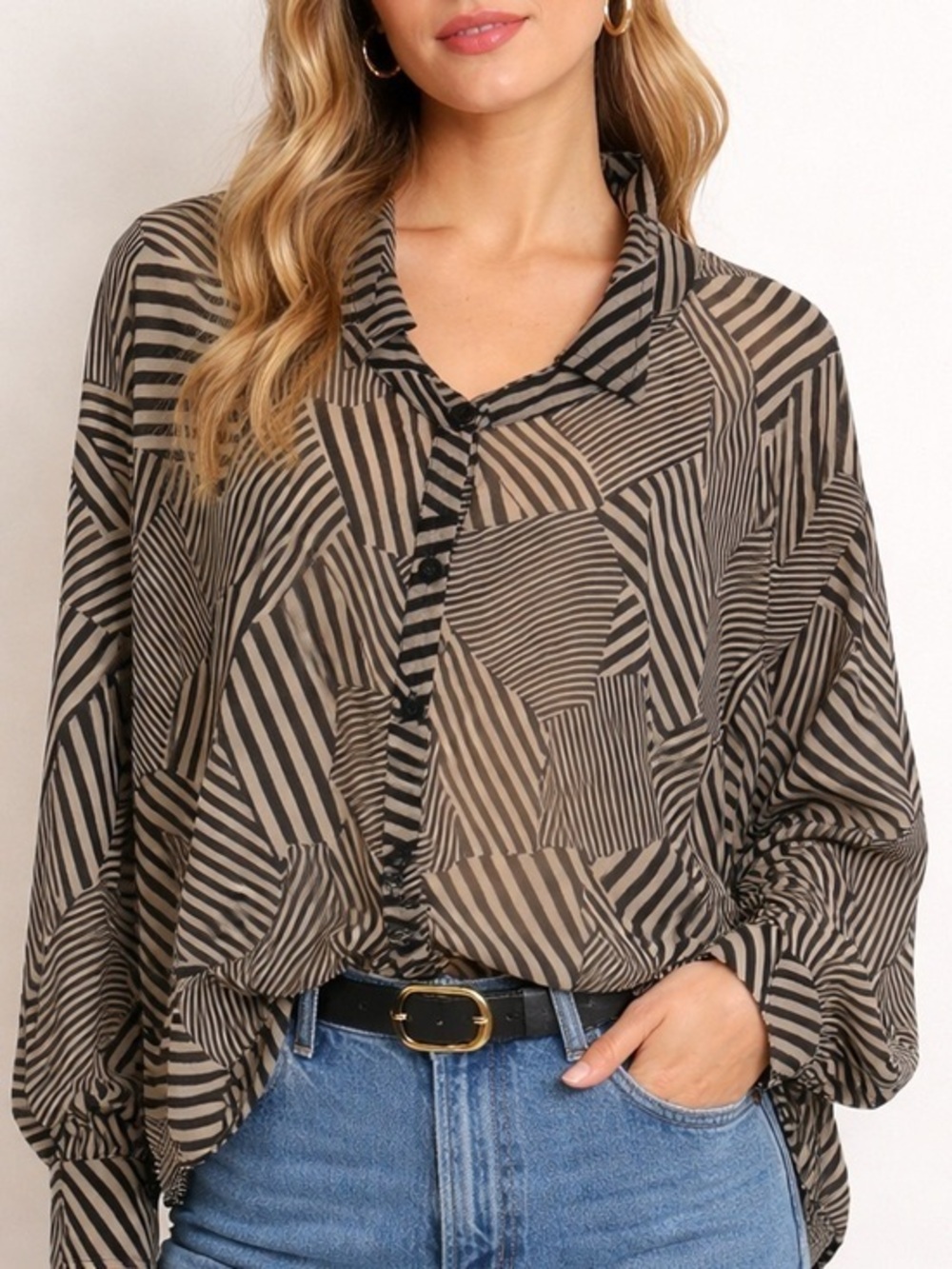 Vintage 90s Stella Luxe Women’s Abstract Stripe Large Button Down Blouse Top